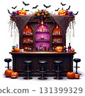 A vibrant bar is adorned with Halloween decorations, featuring glowing pumpkins, flying bats, and cobwebs. Colorful bottles are arranged behind the counter, adding to the festive ambiance. 131399329