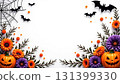 Colorful flowers in purple and orange surround carved pumpkins on a white background. Black bats and spiderwebs add a spooky touch, perfect for Halloween celebrations. 131399330