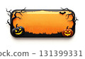 A vibrant Halloween banner features two carved pumpkins, one black and one orange, surrounded by spooky trees and a bat flying in the background. Ideal for festive decorations. 131399331