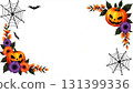 A cheerful Halloween decoration features orange pumpkins with painted faces, vibrant flowers, and small bats. It creates a fun and festive atmosphere for Halloween celebrations. 131399336