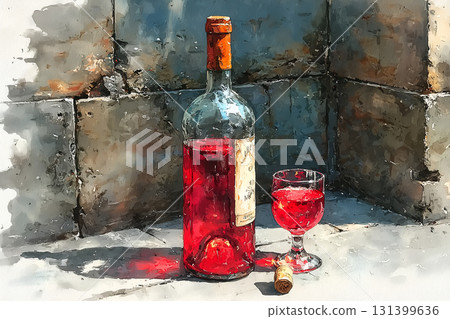 Rustic Wine Still Life with Corks and Weathered Stone Wall 131399636
