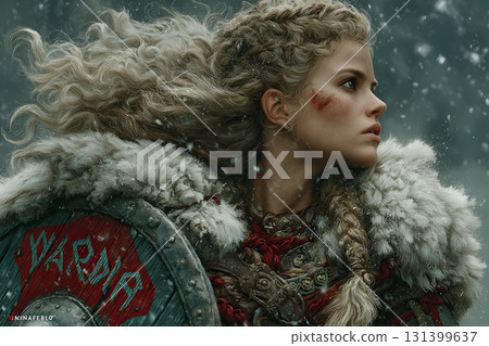Viking Warrior with Shield and Red Mark in Snowstorm 131399637