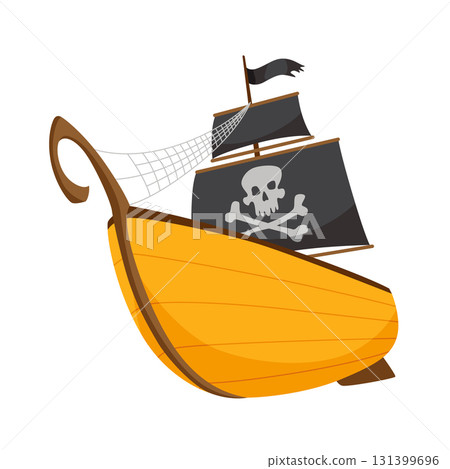 Stylized cartoon pirate ship illustration with black sails. Cute vector icon. Pirate Ship sailing on water Stylized cartoon pirate ship illustration with black sails. Cute vector icon. Pirate Ship sailing on water 131399696