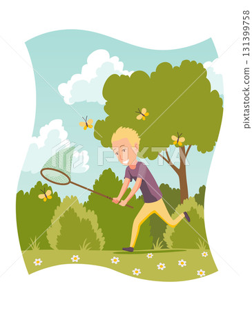 A Young Boy Joyfully Catching Colorful Butterflies with a Net in a Fun and Vibrant Scene 131399758