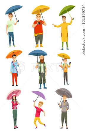 Characters holding umbrellas designed in a variety of engaging styles 131399784
