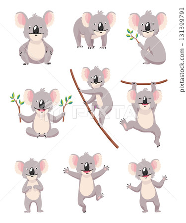 Collection cute koala in different poses. Hand drawn doodle of lazy animals. Cute cartoon bear characters 131399791