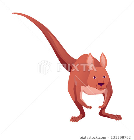 Kangaroo character posing. Adult kangaroo with pouch standing. Vector flat cartoon animal of australian fauna and wildlife, isolated on white background Kangaroo character posing. Adult kangaroo with pouch standing. Vector flat cartoon animal of australian fauna and wildlife, isolated on white background 131399792
