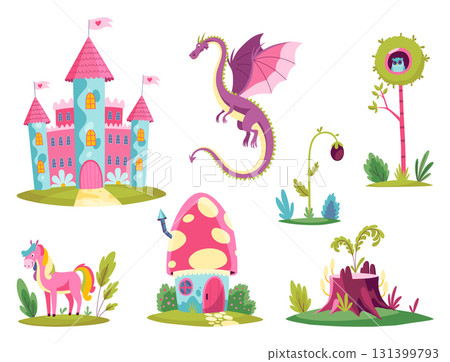 A castle, fierce dragon, horse, and magical plants create a mesmerizing fantasy world. Childish fairytale kingdom 131399793