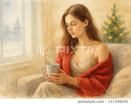 Christmas woman feeling the warmth by the window in winter (watercolor) 131399830