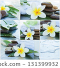 Tranquility spa collage set. Spa background with water, flower and leaves 131399932