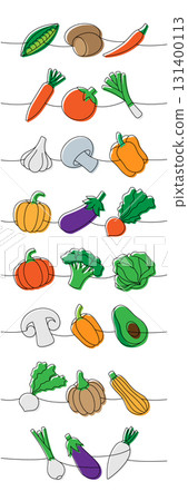 Fresh vegetables one line colored continuous drawing. Potato, chili pepper, carrot, tomato, garlic bulb, mushroom, bell pepper, avocado, pumpkin Fresh vegetables one line colored continuous drawing. Potato, chili pepper, carrot, tomato, garlic bulb, mushroom, bell pepper, avocado, pumpkin 131400113