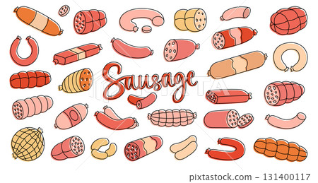 Sausages set. Fresh raw sausages. Meat sausages menu design template for food market, products promotion. Vector illustration. Sausages set. Fresh raw sausages. Meat sausages menu design template for food market, products promotion. Vector illustration. 131400117