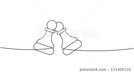 Two pawns facing each other in minimalist black and white linear chess illustration Two pawns facing each other in minimalist black and white linear chess illustration 131400138