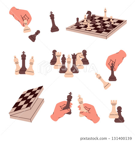 Collection of chess elements with hands, pieces, board and gameplay moments illustrating tactics and strategic thinking Collection of chess elements with hands, pieces, board and gameplay moments illustrating tactics and strategic thinking 131400139