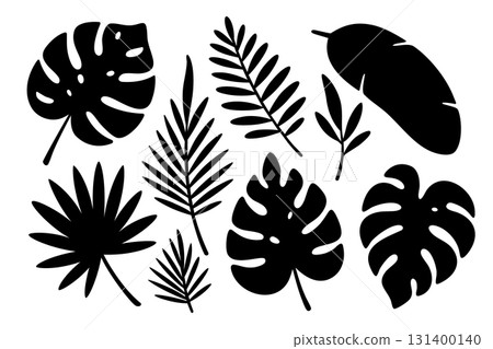 Black tropical leaf silhouettes. Monstera, palm fronds, and exotic foliage for botanical design and creative decoration Black tropical leaf silhouettes. Monstera, palm fronds, and exotic foliage for botanical design and creative decoration 131400140