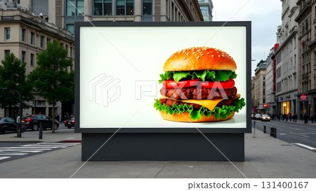 Outdoor billboard advertising a delicious burger in an urban setting during late afternoon Outdoor billboard advertising a delicious burger in an urban setting during late afternoon 131400167