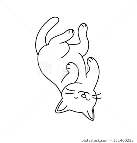Cartoon cat outline rolling on back with smile. Vector line art illustration of playful feline pet 131400222