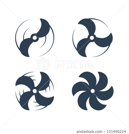 Airplane propeller icons with dynamic curved motion lines. Minimalist vector aviation rotor design for transport and drone engineering 131400224