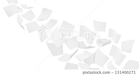 Flying white paper sheets, vector realistic throw paper pile flow floating in air, curl page blanks flight on wind blow 131400271
