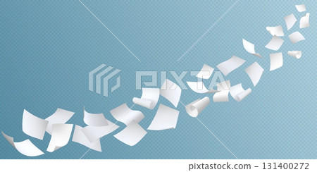 Flying white paper sheets flow, vector realistic throw paper pile floating in air, curled pages flight on wind blow 131400272