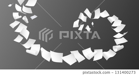 Flying white paper sheets, vector realistic throw paper pile floating in air, curled pages flight on twisted wind blow 131400273