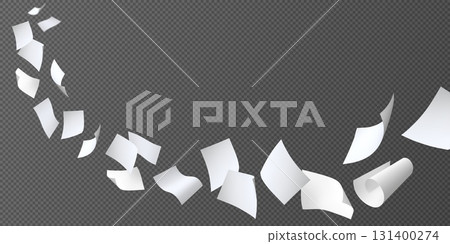 Flying white paper sheets, vector realistic throw paper pile floating in air, curled page blanks flight on wind blow Flying white paper sheets, vector realistic throw paper pile floating in air, curled page blanks flight on wind blow 131400274