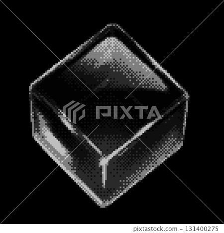 Monochrome transparent glossy crystal cube with light glare pixel art, vector retro 8 bit videogame 3D glass square cube 131400275