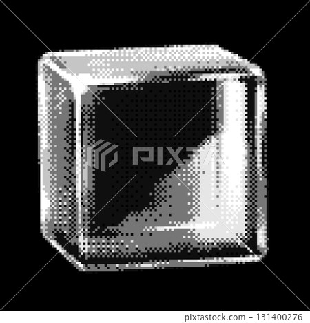 Monochrome glass cube with light glare effect pixel art vector icon, retro 8 bit videogame 3D transparent glossy crystal 131400276