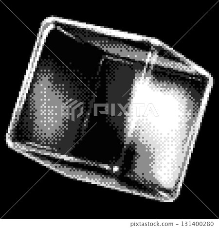 Monochrome transparent glossy crystal cube with light glare effect pixel art, vector retro 8 bit videogame 3D glass cube 131400280