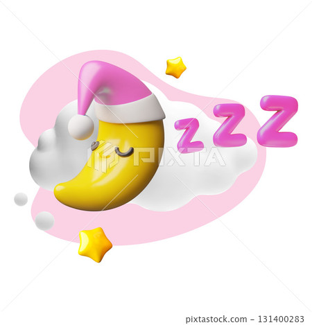 Cute crescent moon character wearing pink night cap sleeping in clouds vector 3D plastic style, sweet dreams on the sky 131400283