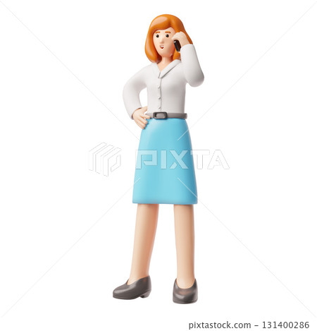 A 3D model of a smiling woman in an office suit, shirt, and skirt, talking on a smartphone. 131400286