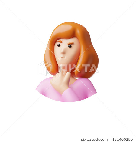 3D round avatar of a woman in pink clothes with a pensive expression. 3D round avatar of a woman in pink clothes with a pensive expression. 131400290