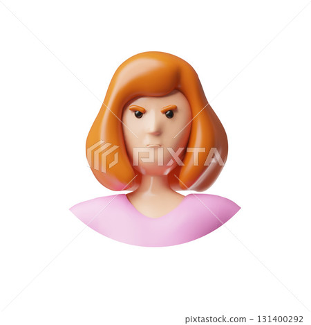 A 3D female avatar icon, round, wearing pink clothes, with brown hair and a frowning face. 131400292