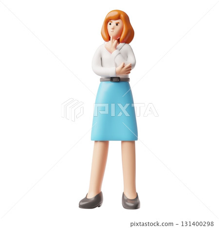A 3D woman in office attire, a blouse and skirt, with a thoughtful, frowning expression. 131400298