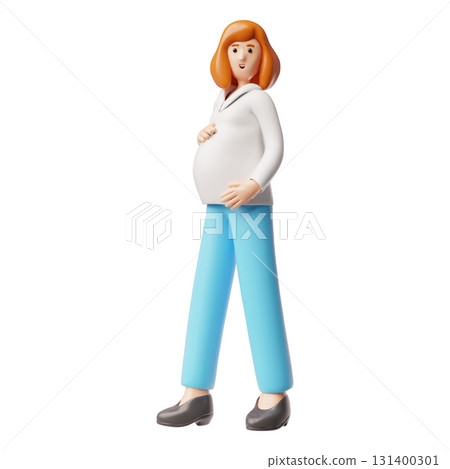 Beautiful pregnant woman with red hair 3D plastic style, vector character in white blouse holds her big belly with hands 131400301