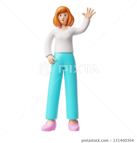 Woman standing and greeting hand gesture, showing five fingers waving arm 3D vector office manager character full height 131400304