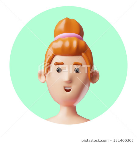 Beautiful woman with brown hair gathered up into a bun portrait 3D cartoon vector icon, smiling girl lady face avatar 131400305