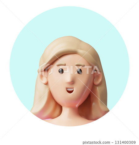 Blond woman portrait 3D cartoon vector icon, smiling female with fair hair avatar, beautiful girl face in round frame 131400309