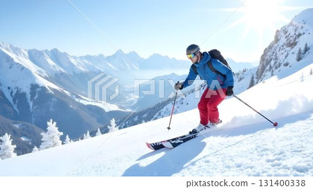 Skiing down a snowy slope in the mountains on a clear winter day 131400338