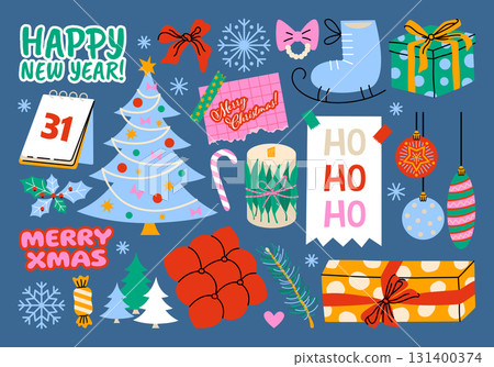 Christmas and New Year illustrations in cartoon style. Holiday gifts and decor, winter, snowflakes, Santa, Christmas tree, toys and cozy atmosphere. Festive seasonal vector objects in a retro style. 131400374