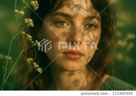 Portrait of Young Woman in Green Foliage for Nature and Beauty Design 131400395