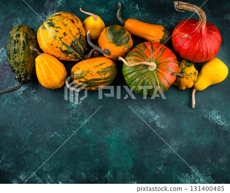 Various decorative pumpkin on green background 131400485