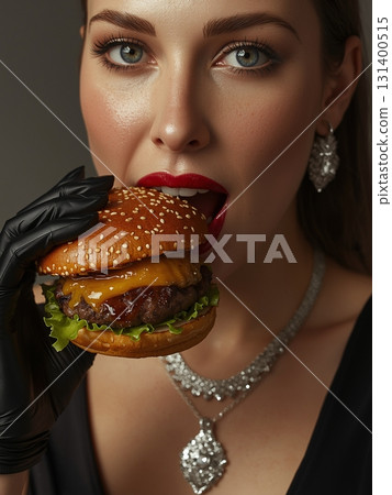 Young Woman Eating Hamburger for Food and Lifestyle Design 131400515