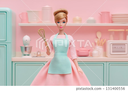 Retro Doll Styled as 1950s Housewife in Pastel Kitchen 131400556