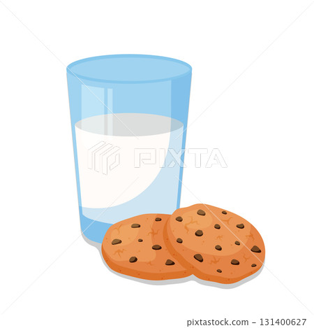 A glass of milk and two oatmeal cookies with chocolate chips. Vector illustration in flat cartoon style. 131400627