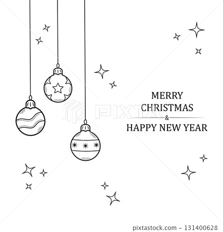 Christmas greeting card with christmas balls. Merry Christmas and Happy New Year. Hand drawn doodle sketch style. Vector illlustration. 131400628