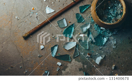 Broken glass and wooden sticks litter the floor / Visual material that conveys tension and the moment of destruction 131400678