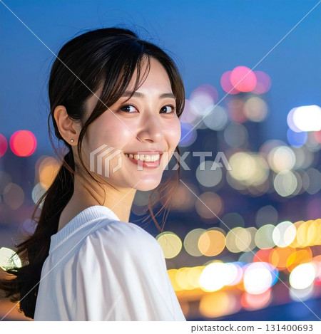 一位微笑的女人的側面肖像，背景是夜景 131400693