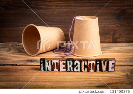 Interactive Communication Concept with String Phone and Rustic Wooden Background 131400876