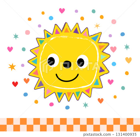 Vector sun with cute face on background with hearts and dots, Fun poster for kids and baby designs 131400935